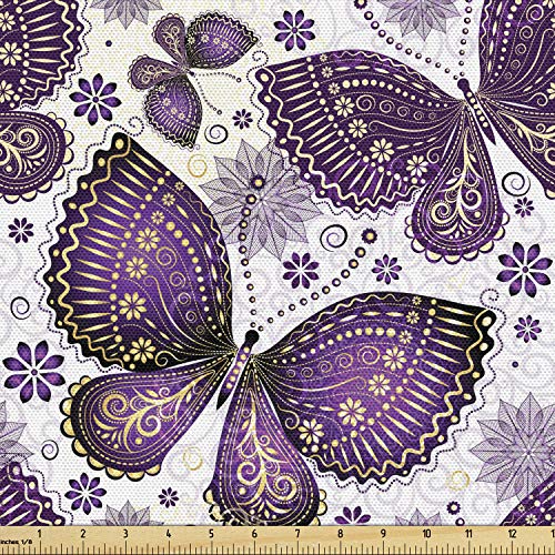 Ambesonne Natural Fabric by The Yard, Butterflies with Paisley Mot...