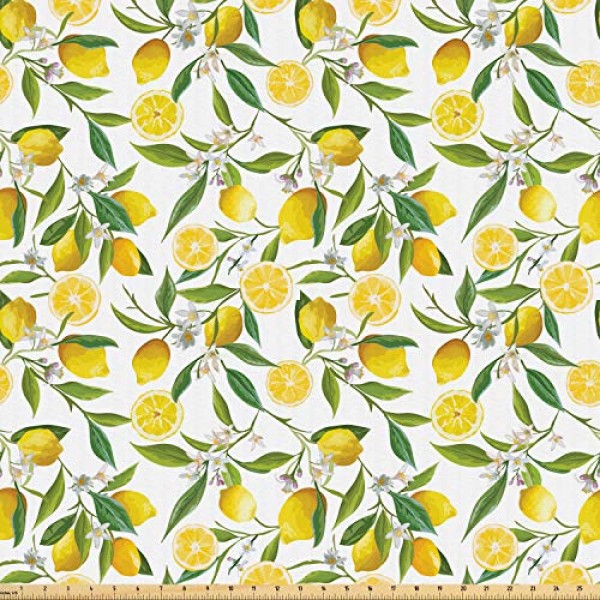 Ambesonne Nature Fabric by The Yard, Exotic Lemon Tree Branches Yu...