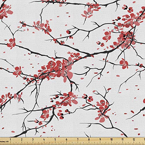 Ambesonne Nature Fabric by The Yard, Illustration of Sakura Branch...