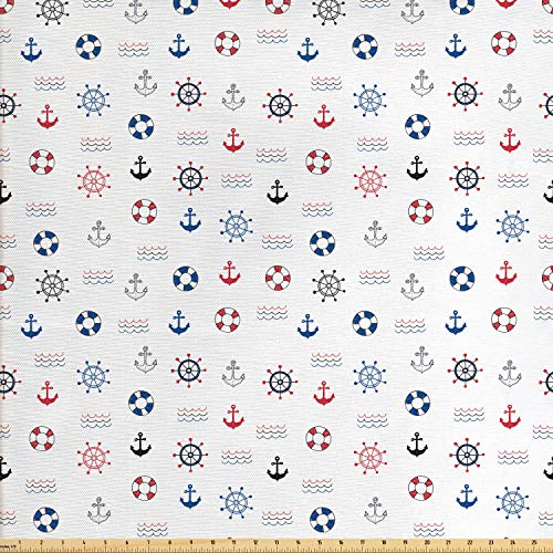 Ambesonne Nautical Fabric by The Yard, Marine Elements Featured Li...
