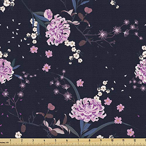 Ambesonne Navy Blue Fabric by The Yard, Numerous Botanical Ornamen...