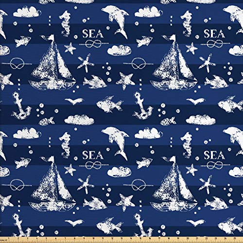 Ambesonne Navy Blue Fabric by The Yard, Sailboat Vertical Stripe P...