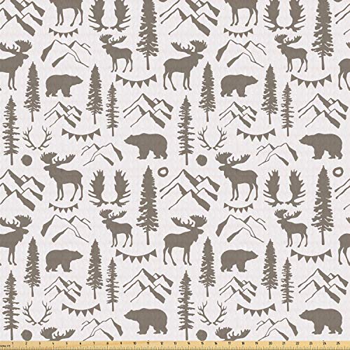 Ambesonne Northwoods Fabric by The Yard, Forest Elements with Bear...
