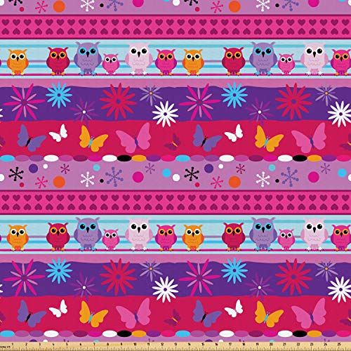 Ambesonne Owl Fabric by The Yard, Striped Cartoon Style Pattern wi...