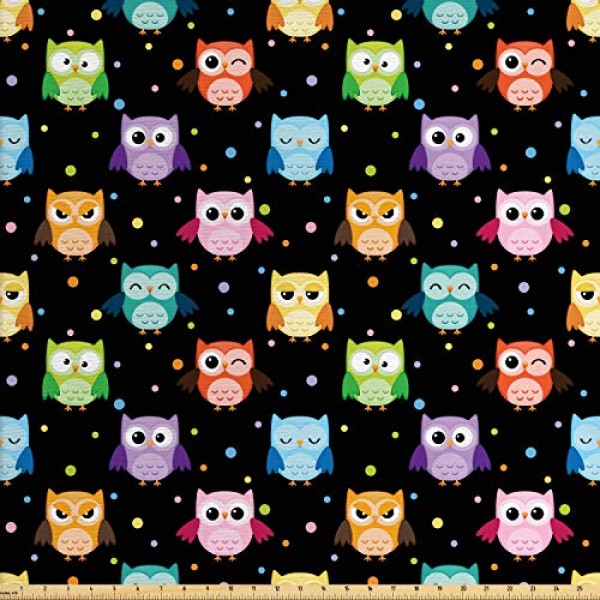 Ambesonne Owls Fabric by The Yard, Colorful Birds with Different E...