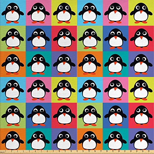 Ambesonne Penguin Fabric by The Yard, Rainbow Colored Checkered Sq...