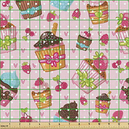 Ambesonne Pink Fabric by The Yard, Kitchen Cupcakes Muffins Strawb...