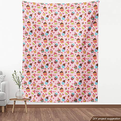 Ambesonne Pink Fabric by The Yard, Kitchen Cupcakes Muffins Strawb...