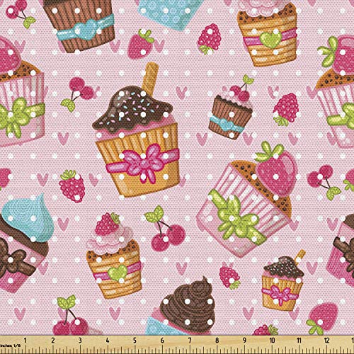 Ambesonne Pink Fabric by The Yard, Kitchen Cupcakes Muffins Strawb...