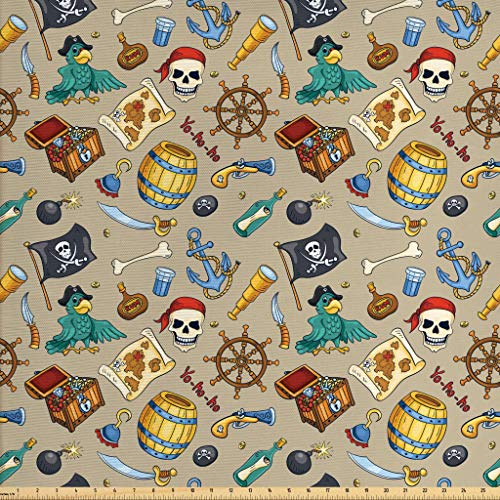 Ambesonne Pirates Fabric by The Yard, Cheerful Sketch Cartoon Patt...