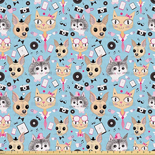 Ambesonne Retro Fabric by The Yard, Hipster Animals with Bow Tie a...