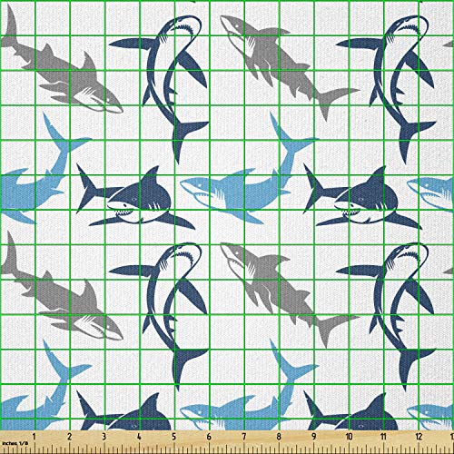 Ambesonne Shark Fabric by The Yard, Retro Style Different Abstract...