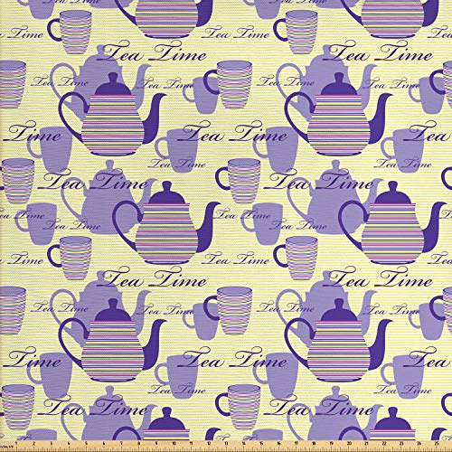 Ambesonne Tea Party Fabric by The Yard, Striped Teapots Cups Silho...