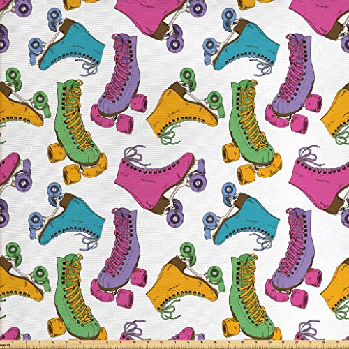 Ambesonne Teen Room Fabric by The Yard, Retro Colorful Roller Skat...