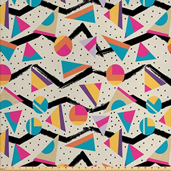 Ambesonne Vintage Fabric by The Yard, Vintage 80s Style Geometrica...