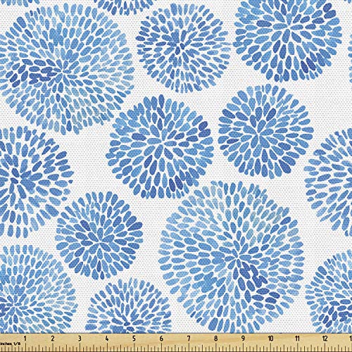 Ambesonne Watercolor Fabric by The Yard, Japanese Flower Circle Pe...