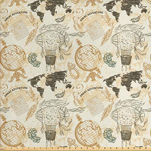 Ambesonne World Map Fabric by The Yard, Pattern Vintage Globe Atla...
