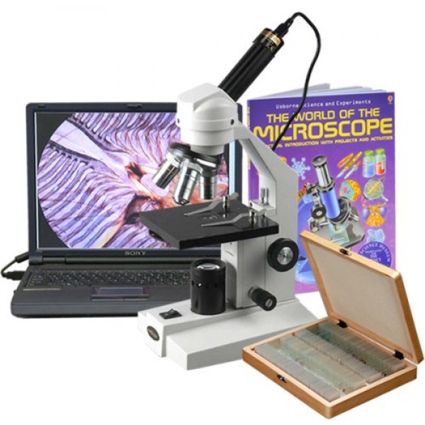 AmScope M200C-PS100-WM-E Digital Monocular Compound Microscope, WF...