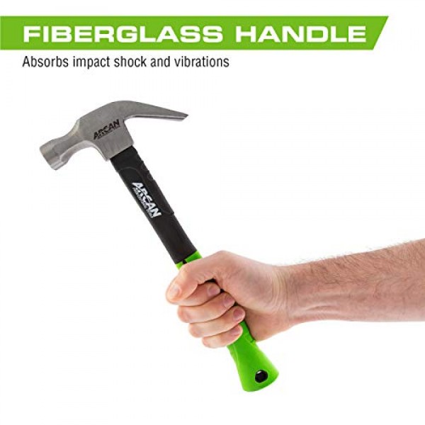 Arcan 16 Oz Claw Hammer 13-Inch 2G Fiberglass Handle with Rubber G...