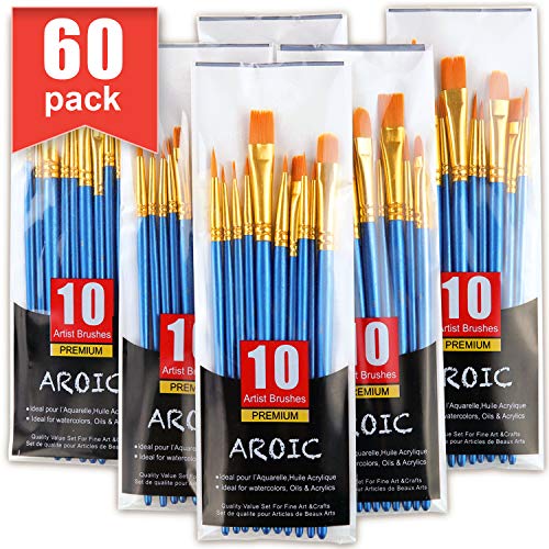 Acrylic Paint Brush Set, 6 Packs / 60 pcs Nylon Hair Brushes for A...