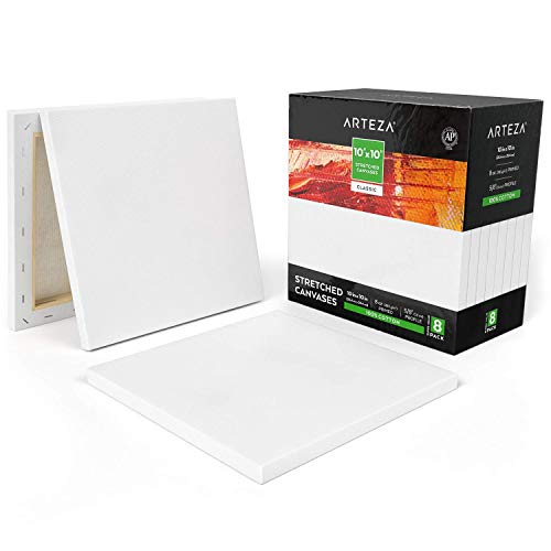 Arteza 10x10 Stretched White Blank Canvas, Bulk Pack of 8, Pri...