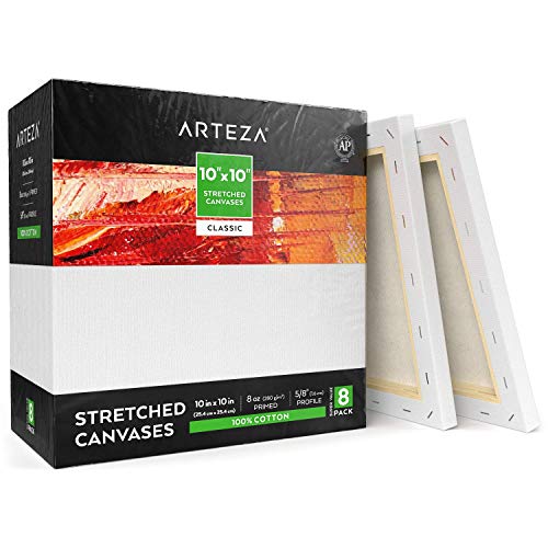 Arteza 10x10 Stretched White Blank Canvas, Bulk Pack of 8, Pri...