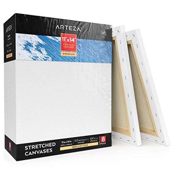 Arteza Stretched Canvas, Premium, White, 11x14, Blank Canvas
