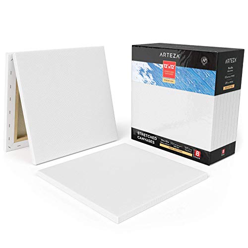 Arteza 12x12” Premium Stretched Canvas, Bulk Pack of 8, Primed, 10...