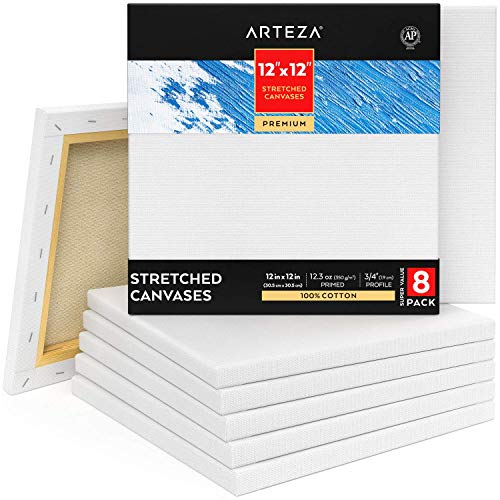 Arteza 12x12” Premium Stretched Canvas, Bulk Pack of 8, Primed, 10...