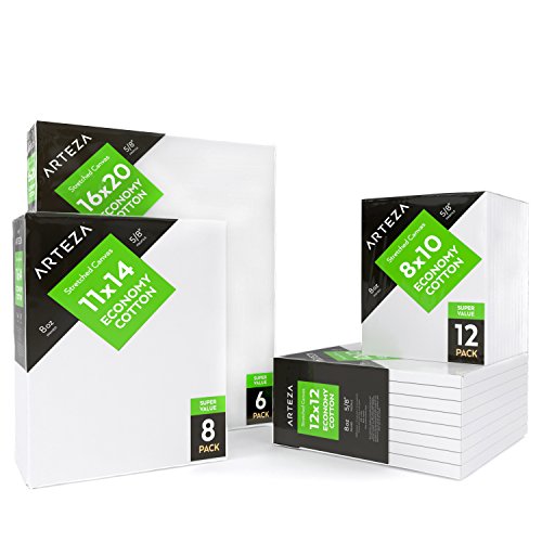 ARTEZA 18x24 Stretched White Blank Canvas, Pack of 4, Primed, 100...