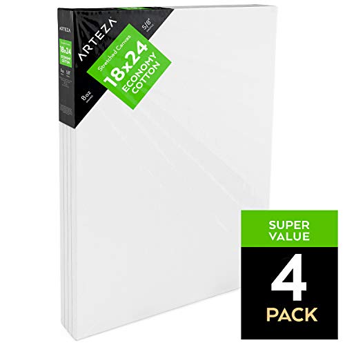 ARTEZA 18x24 Stretched White Blank Canvas, Pack of 4, Primed, 100...