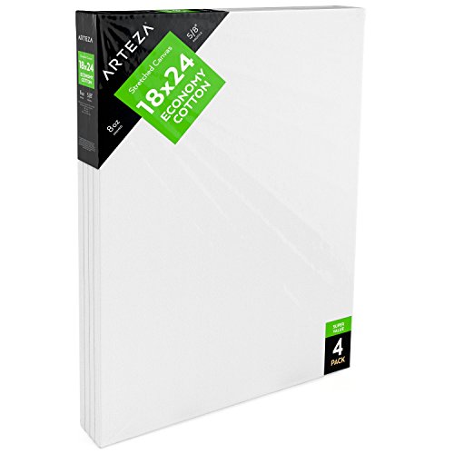 ARTEZA 18x24 Stretched White Blank Canvas, Pack of 4, Primed, 100...