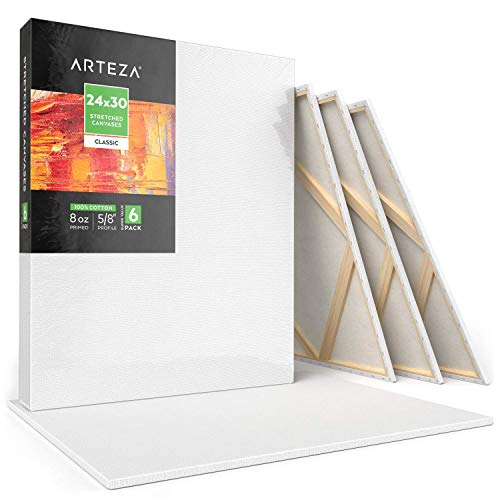 Arteza 24x30 Stretched White Blank Canvas, Bulk Pack of 6, Primed...
