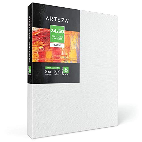 Arteza 24x30 Stretched White Blank Canvas, Bulk Pack of 6, Primed...