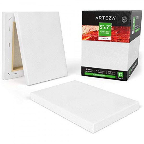 Arteza 5x7 Stretched White Blank Canvas, Bulk