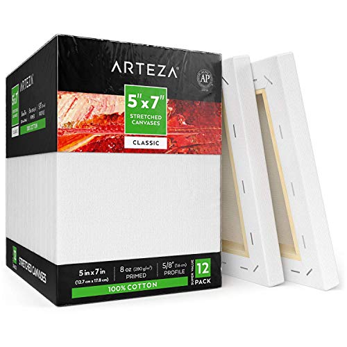 Arteza 5x7 Stretched White Blank Canvas, Bulk Pack of 12, Prim...