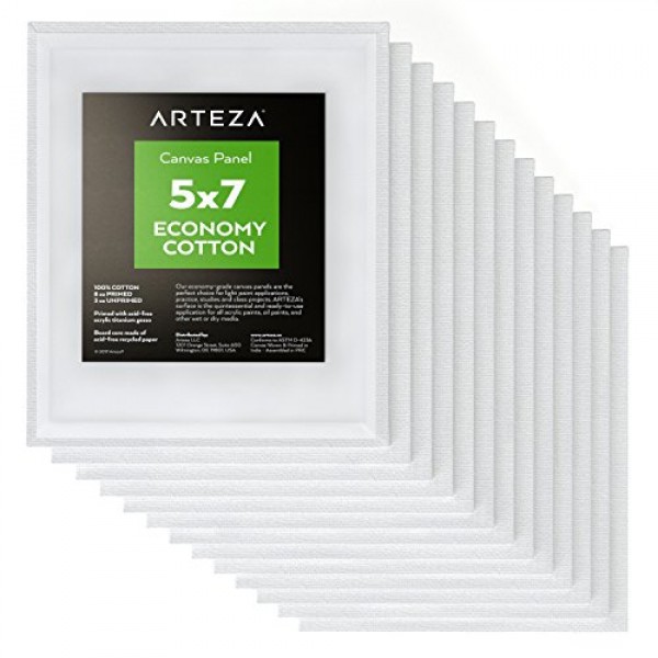 Arteza 5x7” White Blank Canvas Panel Boards, Bulk Pack of 14, 100% Cotton