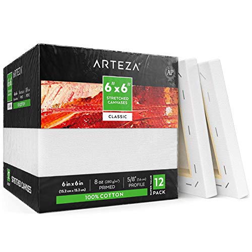 Arteza 6x6 Stretched White Blank Canvas, Bulk Pack of 12, Prim...