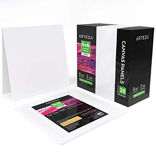 Arteza 6x6 White Blank Square Canvas Panels, Bulk Pack of 28, 100...