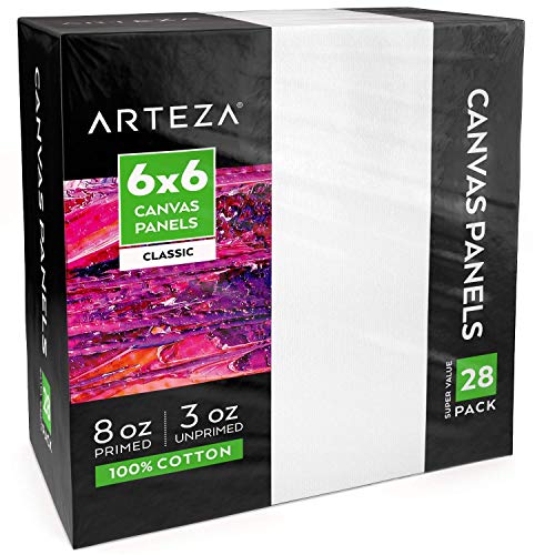 Arteza 6x6 White Blank Square Canvas Panels, Bulk Pack of 28, 100...