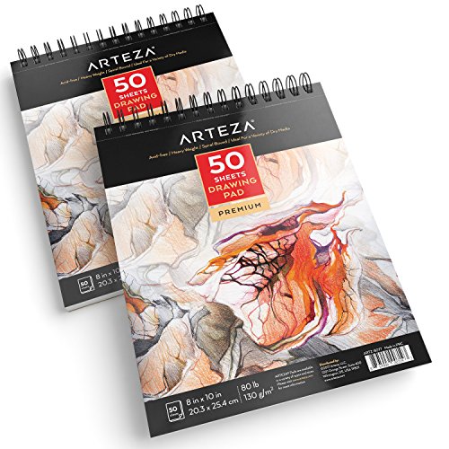 Arteza 8X10 Drawing Pad, Pack of 2, 100 Sheets 80lb/130g, Spira...