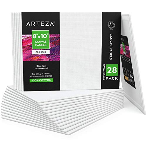 Arteza 8x10” White Blank Canvas Panels Boards, Bulk Pack of 28, Pr...