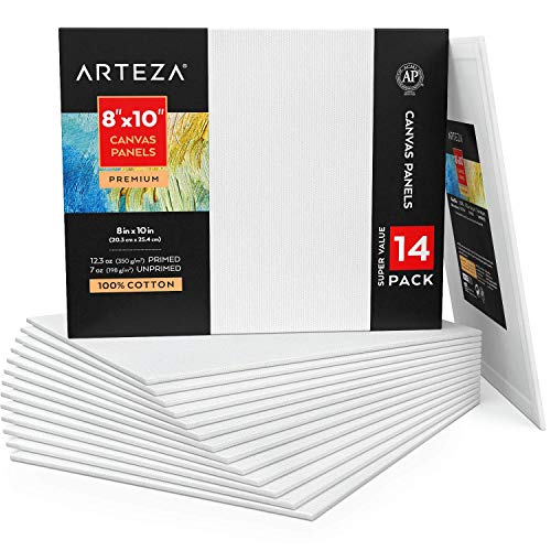 Arteza Canvas Panels 8x10 Inch, White Blank Pack of 14, 100% Cotto...