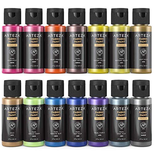 Arteza Metallic Fabric Paint, 60 ml Bottles, Set of 14 Permanent C...