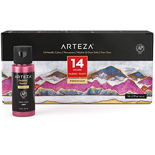 Arteza Metallic Fabric Paint, 60 ml Bottles, Set of 14 Permanent C...