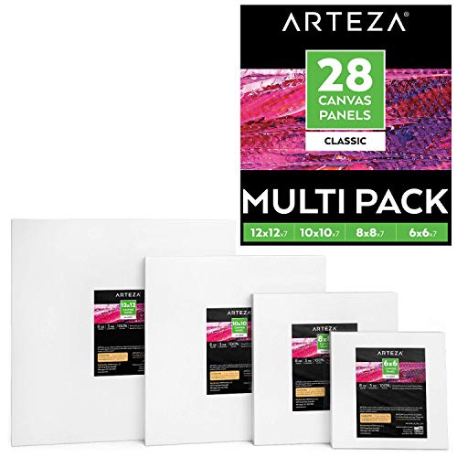 Arteza Painting Canvas Panels Multi Pack, 6x6, 8x8, 10x10, 12x1...