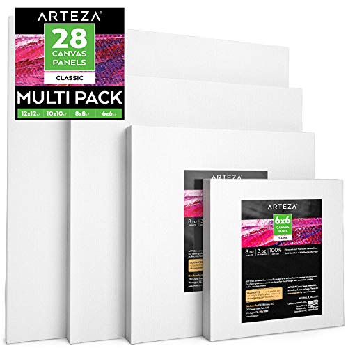 Arteza Painting Canvas Panels Multi Pack, 6x6, 8x8, 10x10, 12x1...