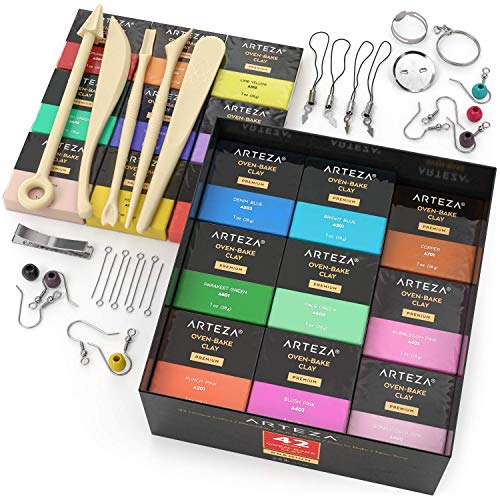 Arteza Polymer Clay Kit, Oven Bake, 42 Unique Colors, 5 Modeling T...