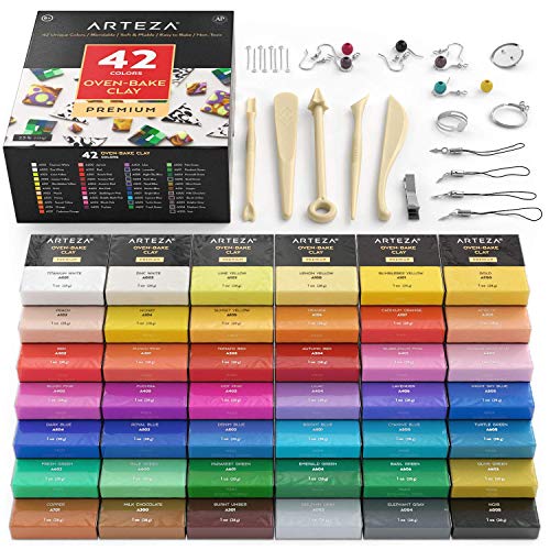 Arteza Polymer Clay Kit, Oven Bake, 42 Unique Colors, 5 Modeling T...