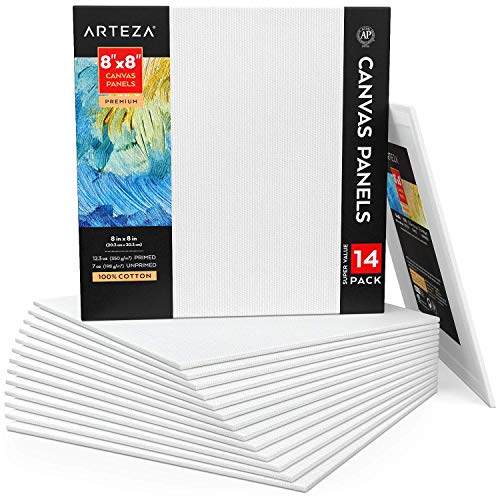 Arteza Premium Canvas Panels 8x8 Inch, Pack of 14, 100% Cotton, 12...